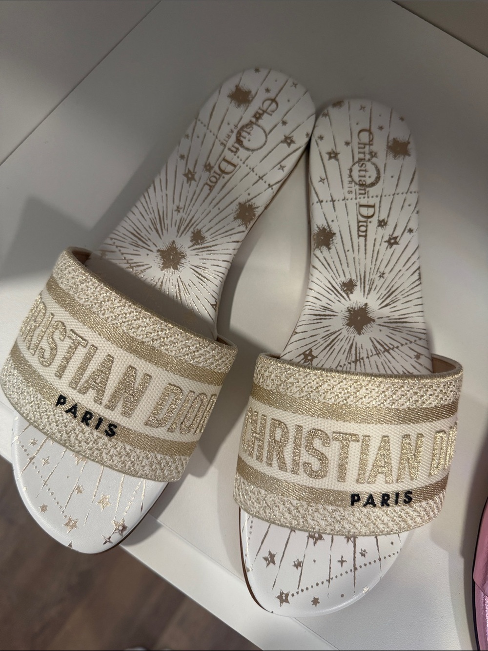 Dior Paris Beige & Gold Logo Slide Sandals never worn!!